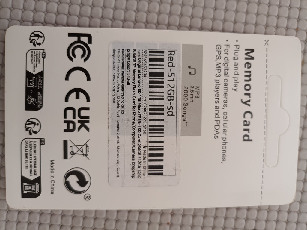 Carte Micro SD 512 Go Lenovo avec adaptateur SD. 4K High Performance
