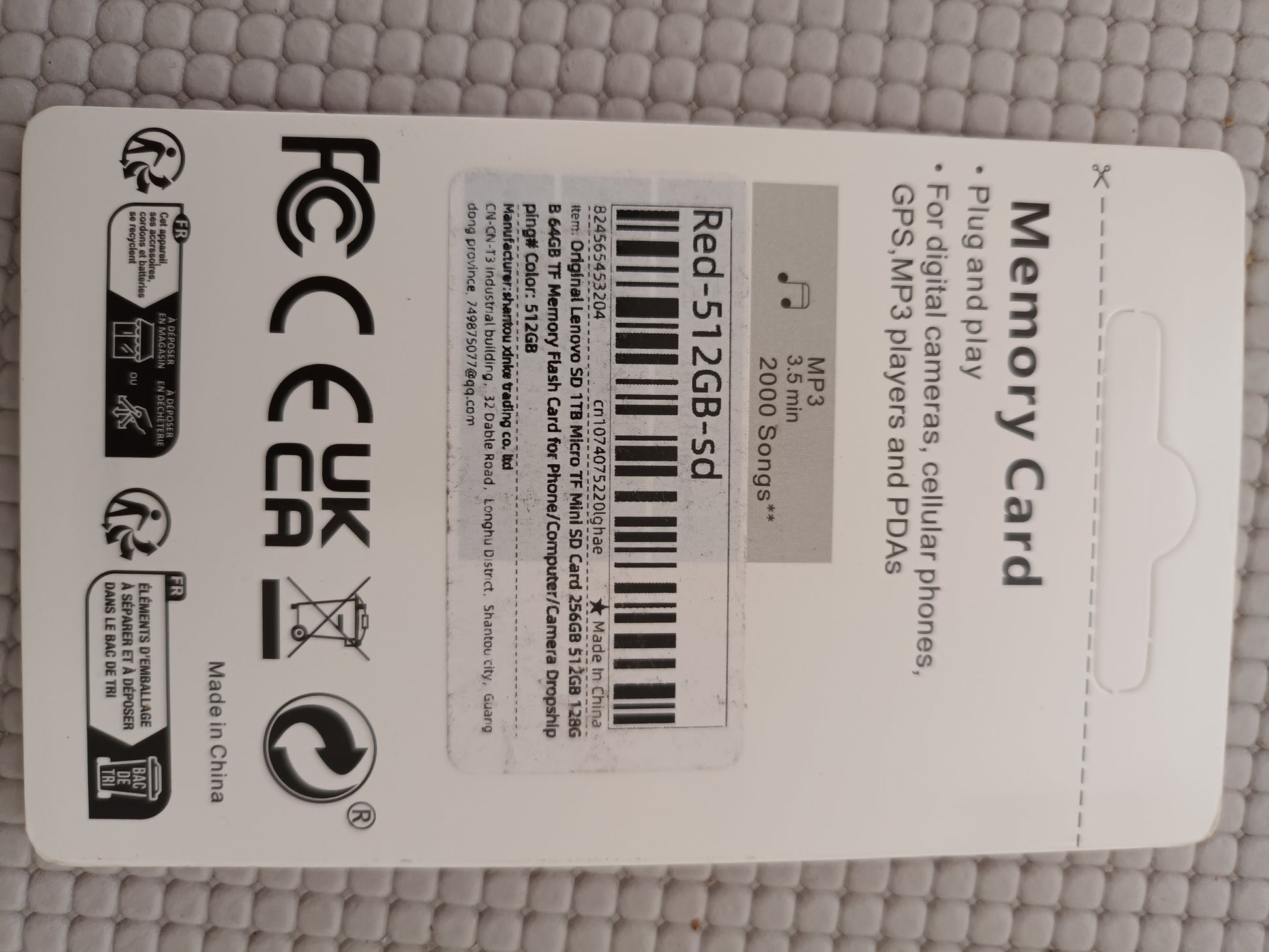 Carte Micro SD 512 Go Lenovo avec adaptateur SD. 4K High Performance